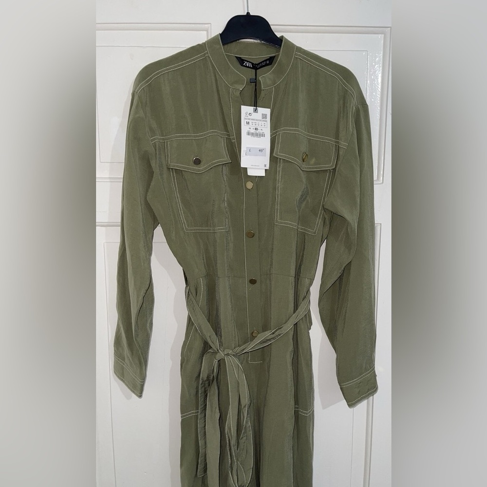 Zara Olive Green Long-Sleeve Jumpsuit with Belt - Picture 2 of 5